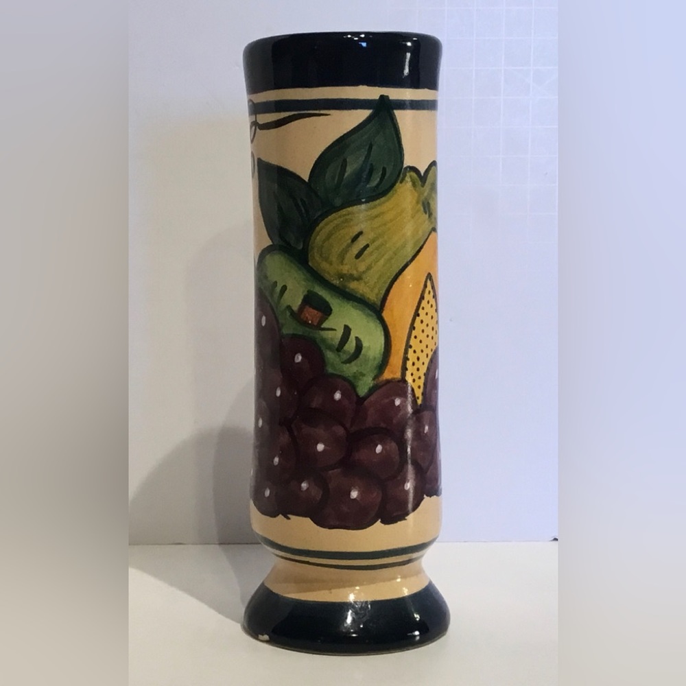 Mexican Telavera Vase Multicolor Handpainted Fruits 7 Inches Tall Blue Trim
